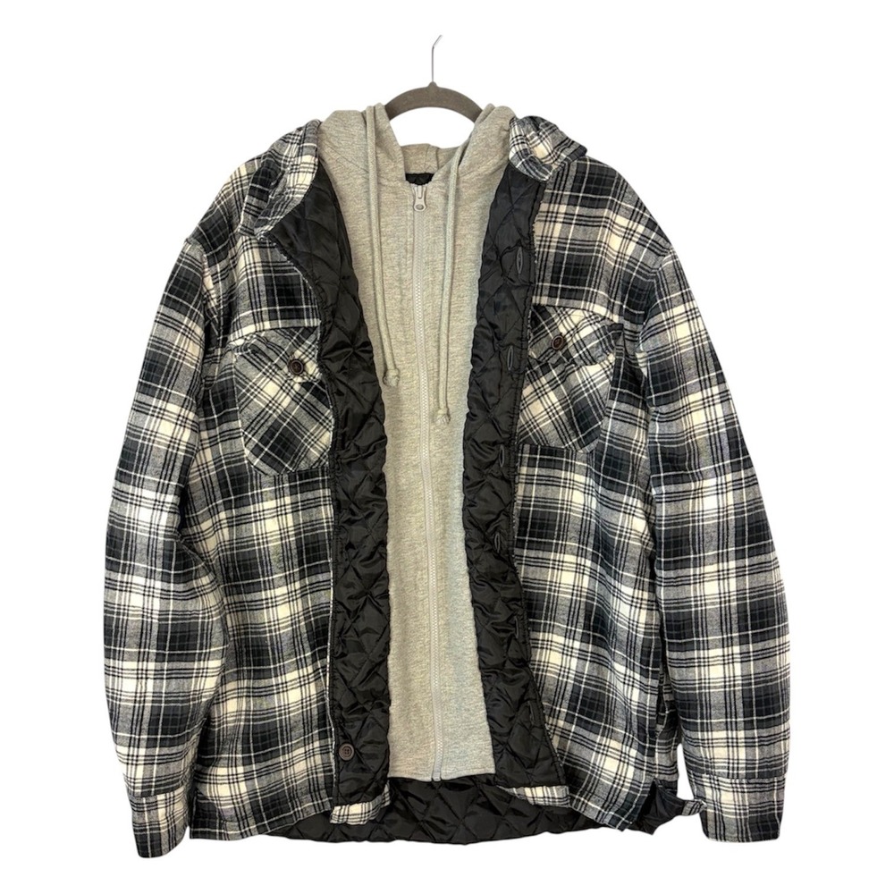 RedHead Mens XL Plaid Hooded‎ Shacket Quilted Lined Flannel Shirt Jacket Black